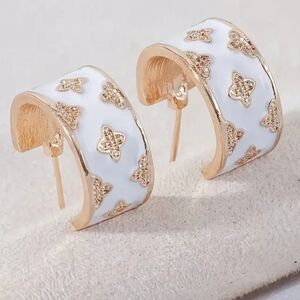 Gold and White Enamel Floral Hoop Earrings - Women Jewelry